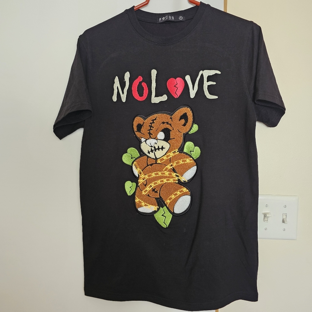 Focus Quality Wear Mens No Love Graphic Black Embroidered Teddy Bear Tee Shirt S